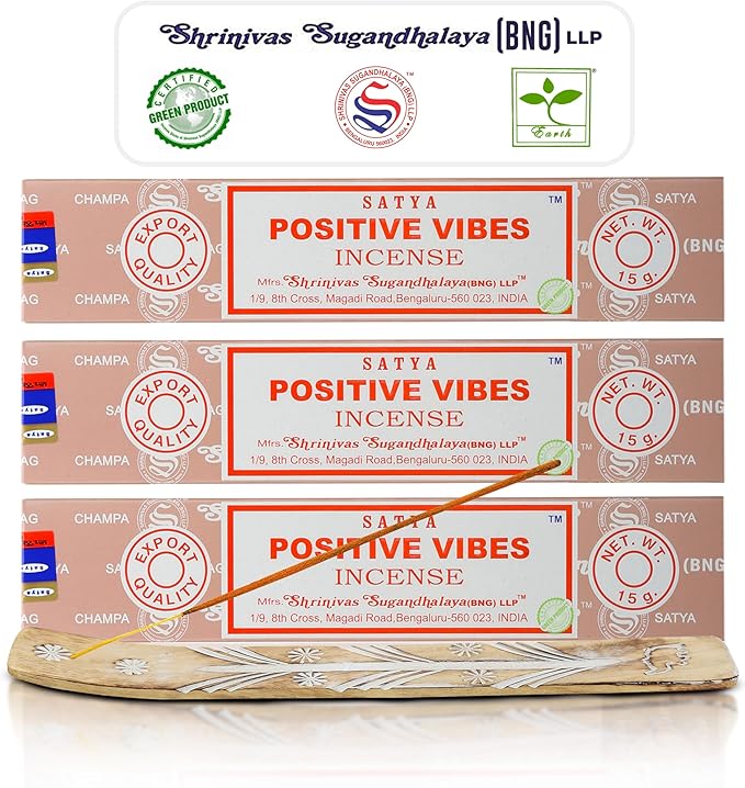 Satya Positive Vibes Incense Sticks, Satya Bng (Bangalore) Insenses 15gmx3 Pack (45 GMS) with Raajsee Incense Holder Bundle, Satya Nagchampa Natural Incense