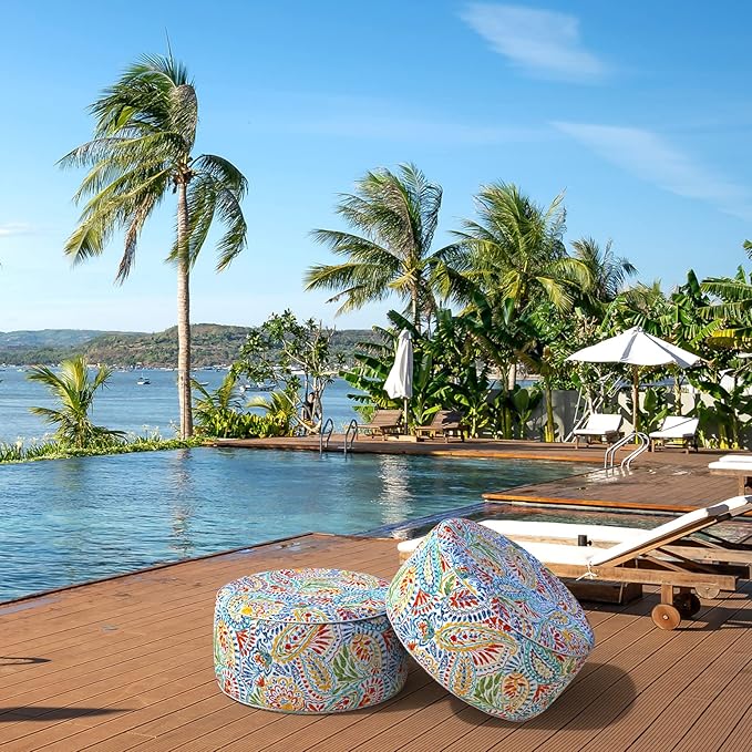 LVTXIII Indoor/Outdoor Inflatable Ottoman, D31 x H14 Inch Large Round Ottoman, All Weather Foot Rest Stool, Portable Footrest for Patio, Garden, Camping and Home - Paisley Multi