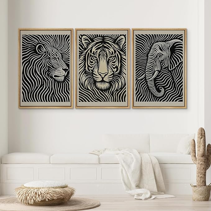 SIGNWIN Framed Canvas Print Wall Art Safari Animal Portrait Lion, Tiger, and Elephant Photography Modern Art Minimalist Black and White for Living Room, Bedroom, Office - 24"x36"x3 Natural