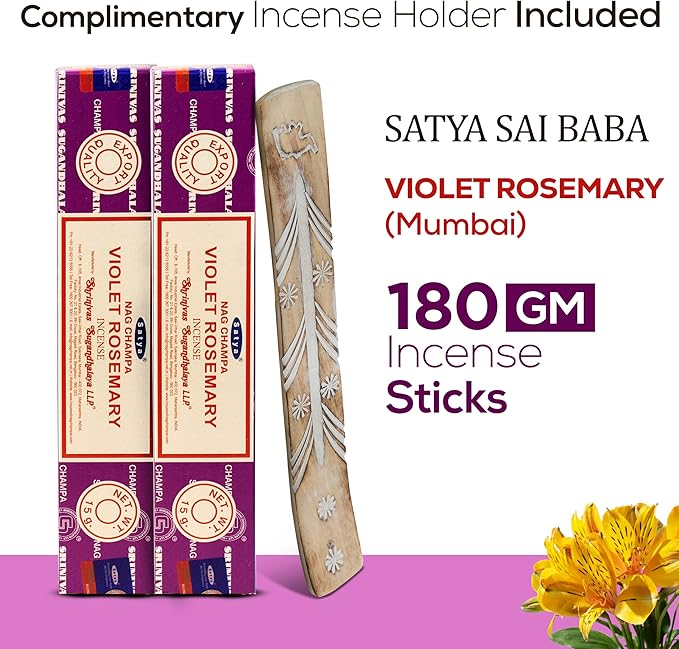 Satya Violet Rosemary Incense Sticks 180 gm (15GM X 12 Pack) from Satya Sai Baba Nag Champa and Raajsee Incense Sticks Holder Bundle, Free from Chemicals,Natural Insenses