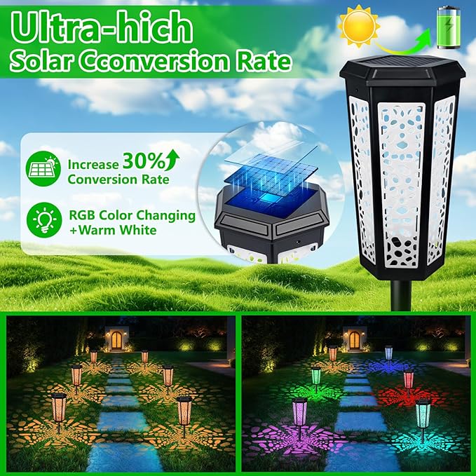 Solar Pathway Landscape Lights 4 Pack, RGB Color Changing+Warm White Outdoor Waterproof Solar Yard Lights for Garden Sideway Outside, Patio, Path, Yard, Walkway, Driveway, 2 Modes