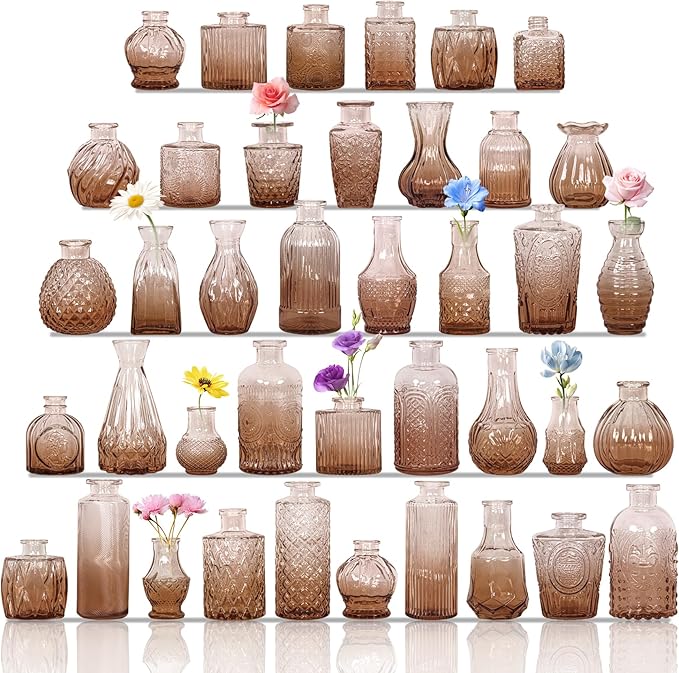 Set of 40 Glass Bud Vases, Small Amber Glass Vases in Bulk, Mini Vintage Embossed Flower Vase for Wedding, Centerpieces, Birthday Party, Baby Shower, Home Table Decorations (Amber)