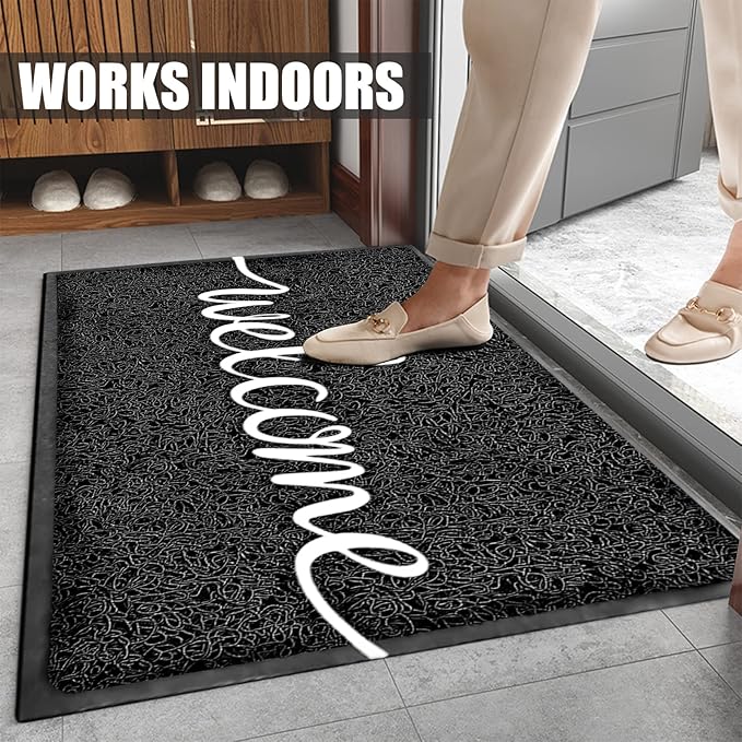 Door mat, Outdoor Indoor Welcome mat, Durable Non-Slip Easy to Clean Front Doormat, Entrance Rectangular Doormat, for high Traffic Areas (30" x 17.5", Black)