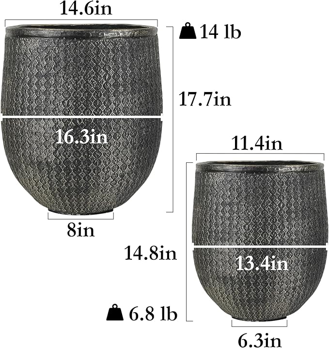 Worth Garden Large Round Planters Set of 2 (14.5"x17.5" & 12" x15“) - Lightweight Magnesium Oxide Cement Plant Pot with Texture - Concrete Look with Drainage Hole – Indoor & Outdoor Use - Black Gold