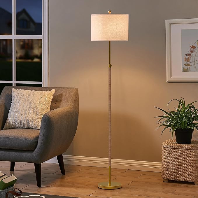 Boho Rattan Floor Lamp for Living Room, Adjustable Height:65"-70" Brass Gold Standing Lamp, Farmhouse Tall Skinny Pole Light with Oatmeal Shade for Bedroom Office