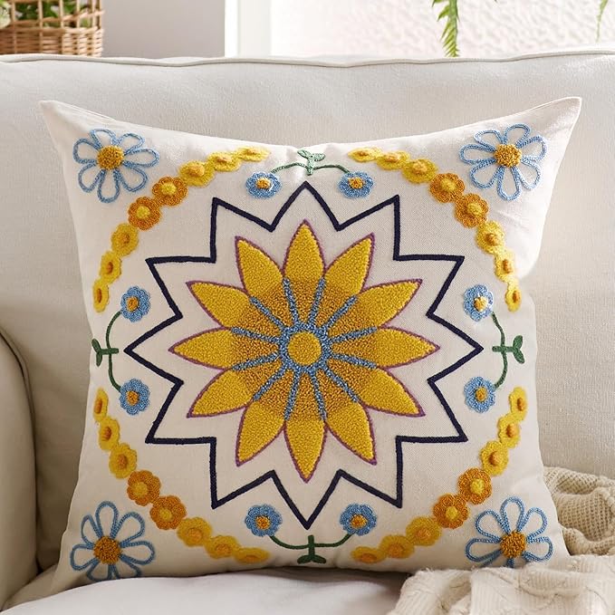 Embroidered Throw Pillow Cover 20x20 Classic Boho Floral Pattern Pillows Cover Outdoor Decorative Pillowcase,Durable Cozy Textured Cushion Case for Sofa Couch Bed Living Room,Yellow