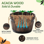 IDZO Set of 3 Wooden Flower Boxes Outdoor, Durable Acacia Wood Barrel Planters for Outdoor Plants with Ergonomic Handles, Drainage Holes, Multiple Sizes Wood Bucket Planter for Home Décor