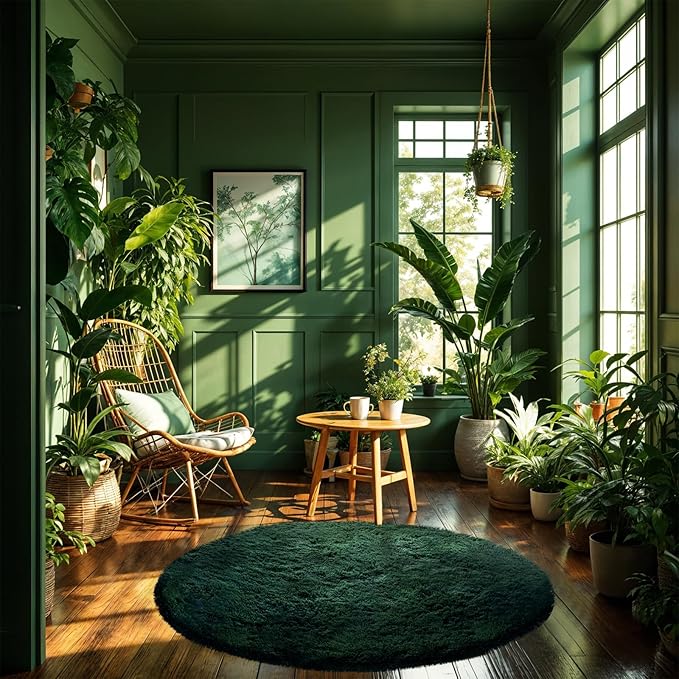 CAIYUECS Dark Green Round Rug for Bedroom: 4x4Feet Soft and Fluffy Area Rug for Living Room- Circle Fuzzy Bedroom Rug- Oval Furry Plush Rug for Kids Room, Nursery (4ft, Dark Green)