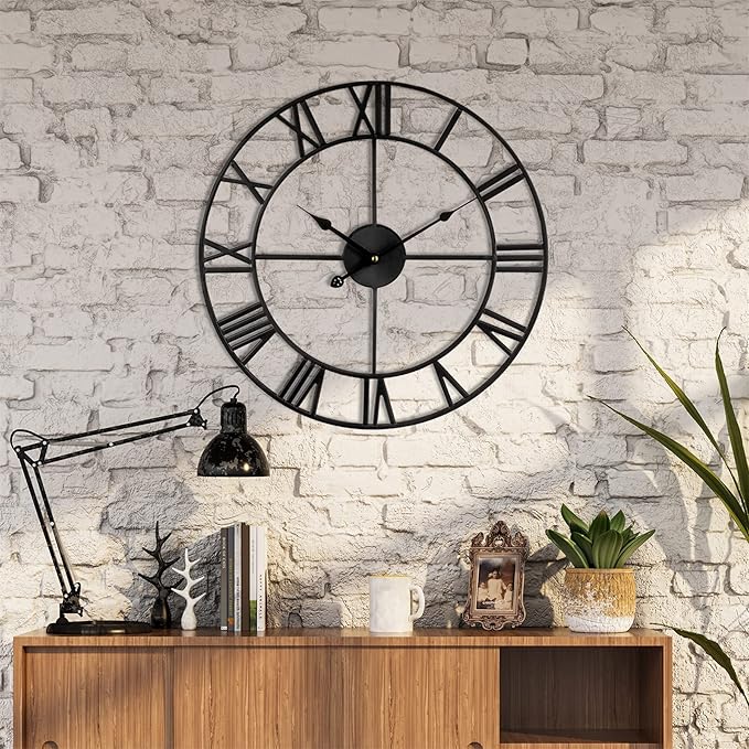 Large Wall Clock, Metal Retro Roman Numeral Clock, Modern Round Silent Wall Clocks, Easy to Read for Living Room/Home/Kitchen/Bedroom/Office/School Decor (Black, 18.5 Inch)