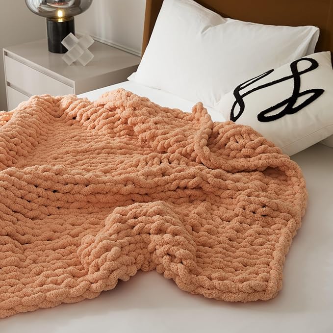 WESHIONGOO Chunky Knit Blanket Throw Knitted Throw Blankets for Couch Bed Fluffy Soft Blanket with Jumbo Chenille Yarn Thick 100% Handmade(Peach Fuzz, 50"×60")