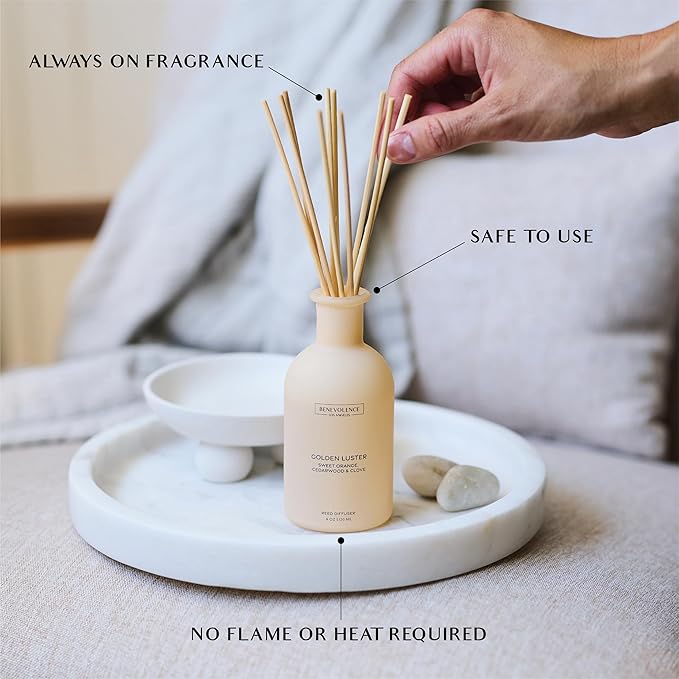 Benevolence LA Reed Diffuser - Orange, Cedarwood & Clove | Fall Home Fragrance Diffuser for Home & Bathroom | Long-Lasting Scent Sticks - Malibu Sands Collection