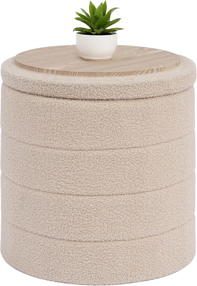 B FSOBEIIALEO Ottoman with Stroage, Round Sherpa Storage Ottoman Stool, Boucle Foot Rest 16.9"x16.9"x17.7"（Beige