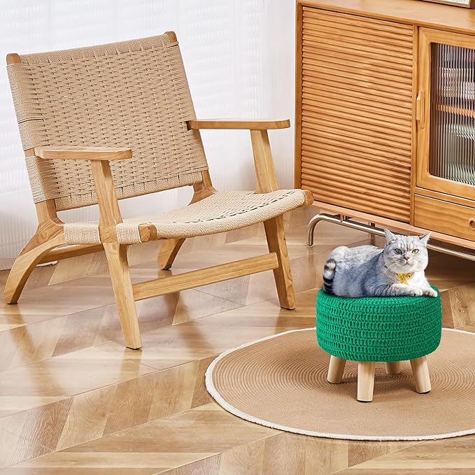 Wimarsbon Pouf Ottoman, 100% Cotton Knitted Boho Footstool, Round Footrest with Non-Skid Wood Legs, Home Décor Handmade Pouffe, Leisure Floor Step Stool for Living Room (Dark Green)