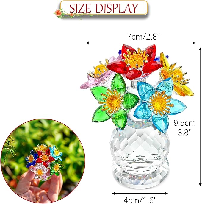 Colorful Crystal Flower Figurine with Base Multicolor Floral Home Decor Christmas Tabletop Centerpiece