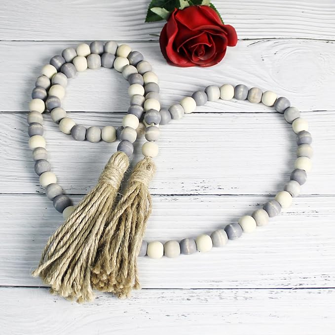 CVHOMEDECO. Wood Beads Garland with Tassels Farmhouse Rustic Wooden Prayer Bead String Wall Hanging Accent for Home Festival Decor. Grey Mix Distressed