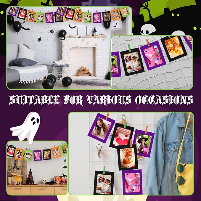 Janlaugh 100 Pcs Halloween Paper Photo Frames 4x6 Orange Black Purple Green Paper Frame with 100 Clip 10 String Kit DIY Hanging Cardboard Photo Holder Halloween Wall Decor Wedding Home