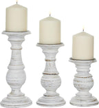 Deco 79 Mango Wood Decorative Candle Holder Turned Style Pillar Candle Stand, Set of 3 Candlestick Holder 10", 8", 6”H, White