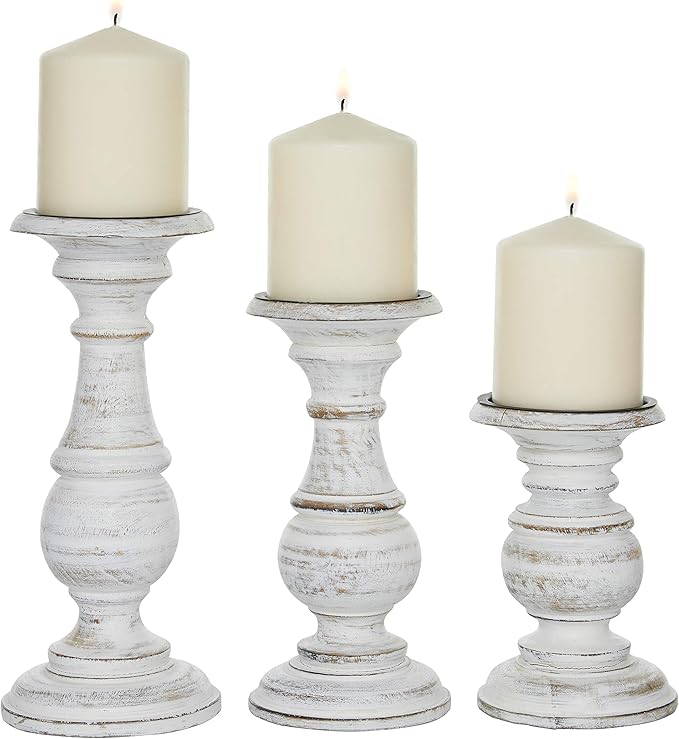 Deco 79 Mango Wood Decorative Candle Holder Turned Style Pillar Candle Stand, Set of 3 Candlestick Holder 10", 8", 6”H, White