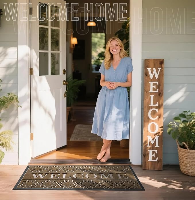 Yimobra Welcome Mat Outdoor Indoor, All-Season Waterproof Front Door Mat Outside Entrance, All-Weather Heavy Duty Non-Slip Doormat, Low Profile Porch Patio Entrance Mats, 47x24, Coffee
