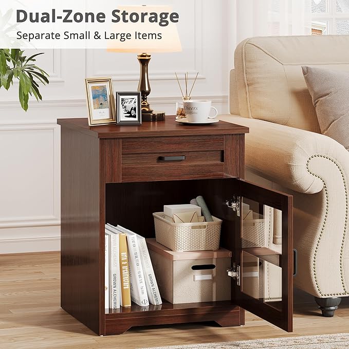 Farmhouse 18'' End Table, Narrow Sofa Side Table with Drawer and Barn Door, Wooden Nightstand Storage Cabinet for Living Room and Bedroom