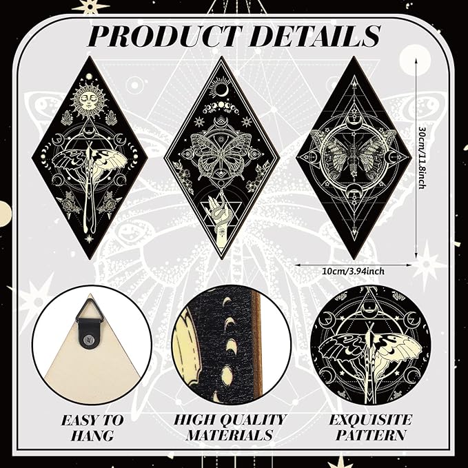 Sintuff 6 Pieces Halloween Gothic Wall Decor Boho Sun Moon Phases Wall Art Gothic Minimalist Stars Sun Hanging Wooden Home Decor Farmhouse Pediments for Gallery Living Bedroom Room(Mysterious)