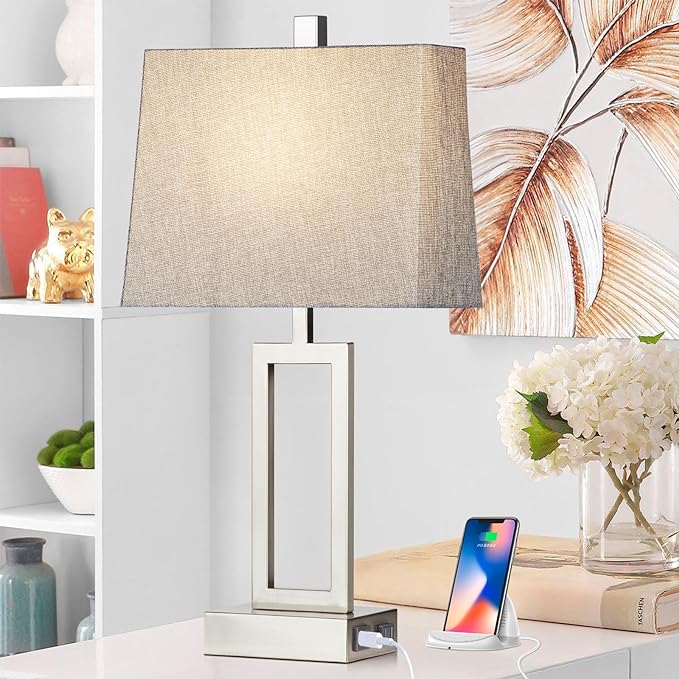 Touch Control Table Lamps Set of 2, Modern Silver Bedside Lamps with USB A+C Ports & AC Outlet, 3 Way Dimmable Contemporary Nightstand Lamps for Bedroom Living Room(LED Bulb Included)