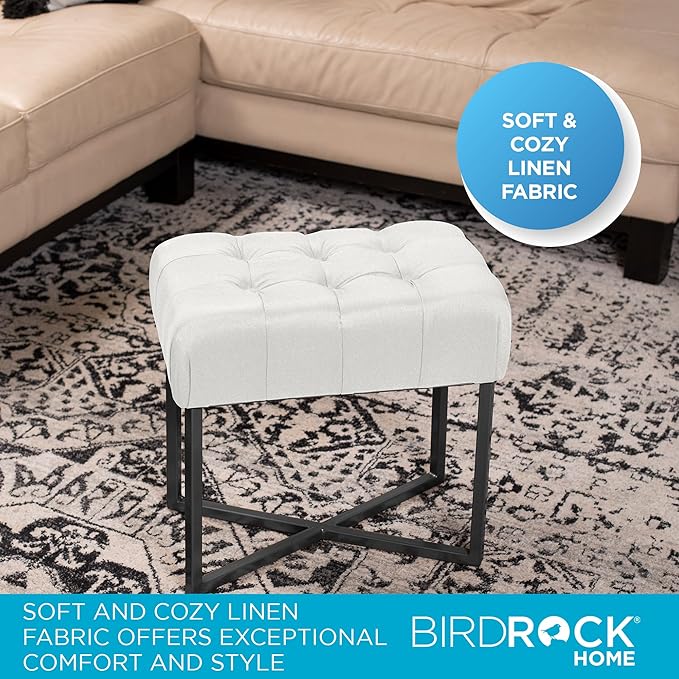 BIRDROCK HOME Rectangular Tufted Foot Stool Ottoman with Soft Padded Cushion - Versatile Vanity Chair for Bedroom, Living Room, Bathroom - Compact Seating for Adults - Cream with Black Metal Legs
