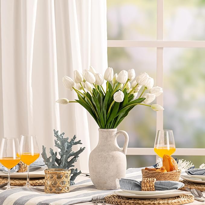 Ceramic Flower Vase Home Decor - 10 Inch Large White Rustic Table Flowers Vases Living Room Bedroom Plant Decorations Farmhouse Vintage for Kitchen Shelf Office Coffee Dining Desk House Women