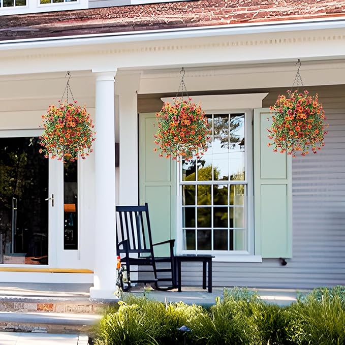 Artificial Faux Mums Fall Hanging Flowers for Outdoor Decoration,2 Pack Fake Silk Plants Daisy Realistic UV Resistant Summer Decor for Home Indoor Porch Patio Balcony Yard Autumn Decor (Brown Orange)