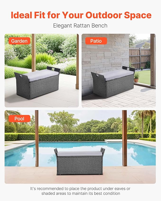 VEVOR Outdoor Storage Bench, 2-Person PE Rattan Storage Bench, 40 Gal Deck Box with Cushion & Side Handle, Supports up to 400 lbs, Weatherproof Outdoor Seating & Porch Decor for Patio Garden Balcony