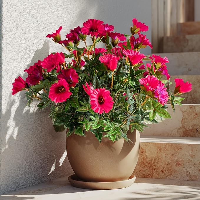4 Pcs UV Resistant Artificial Petunias Fake Flowers Artificial Flowers for Outdoors Silk Flowers Fake Hanging Basket Plants Suitable for Outdoor Porch Decoration patio Decor 13.3In (Rose red)