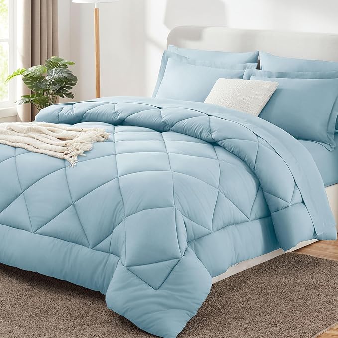 CozyLux Queen Comforter Set Light Blue - Bed in a Bag Queen Size 7 Pieces, Luxury Soft Bed Set for All Seasons, Bedding Set with Down Alternative Comforter, Sheets, Pillowcases & Shams