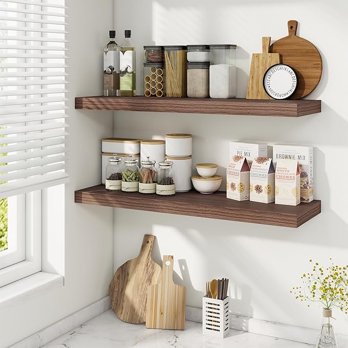 Fun Memories Floating Shelves for Wall, 32 Inch Rustic Wood Wall Mounted Shelves for Bathroom, Bedroom, Kitchen, Living Room, Deep Floating Shelves for Storage & Home Decor (Walnut, Set of 2)