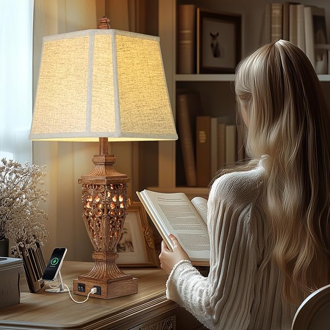 28.5" Vintage Brown Table Lamps Set of 2 With Night Light,Lamps for Living Room With Beige Linen Cut Corner Shade,Nightstands Lamp with USB A+C Port for Bedrooms,Bedside,Office,Hotel(Bulb Included)