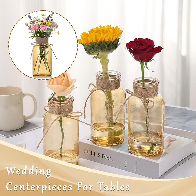 Gold Vases for Centerpieces Set of 12, Mason Jars Boho Cylinder Bud Vases in Bulk, Flower Glasses for Weddings Parties Vintage Home Decor