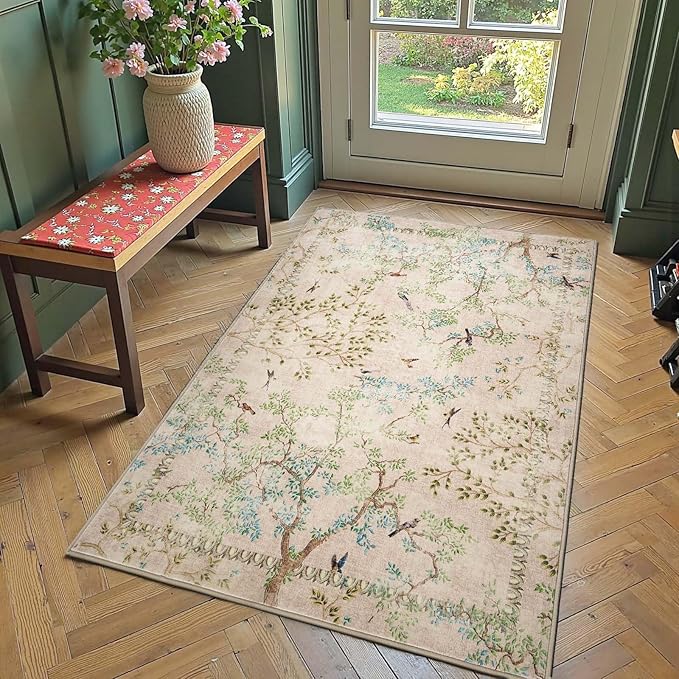 jinchan Botanical Birds 3x5 Beige Area Rugs for Entryway Washable Non Slip Soft Nature Plants Modern Kids Room Carpet Vintage Ultra Thin Low Pile Rug for Living Room Kitchen Bathroom Front Door
