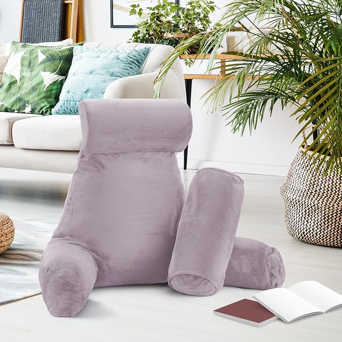 Nestl Reading Pillow Large Bed Pillow, Back Pillow for Sitting in Bed Shredded Memory Foam Chair Pillow, Reading & Bed Rest Pillows Dusty Purple Back Pillow for Bed, Bed Chair Arm Pillow with Pockets