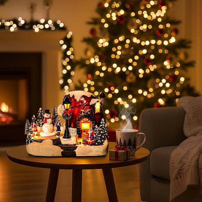 Christmas Village Lighted Musical Collectible Buildings - USB-Powered Santa's Hat House Scene with Snowman, Animated Holiday Figurines, LED Lights & Festive Music for Xmas Decor and Home Decorations