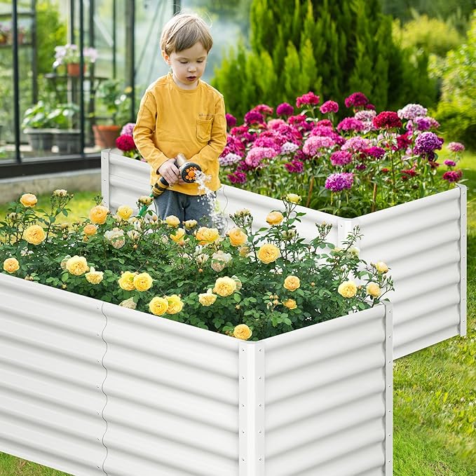 Galvanized Raised Garden Bed Outdoor, 2 Pcs 6x3x2FT Outdoor Large Planter Raised Beds Open Base with Safety Edge and Glove for Vegetables Flowers Ground Planter, White