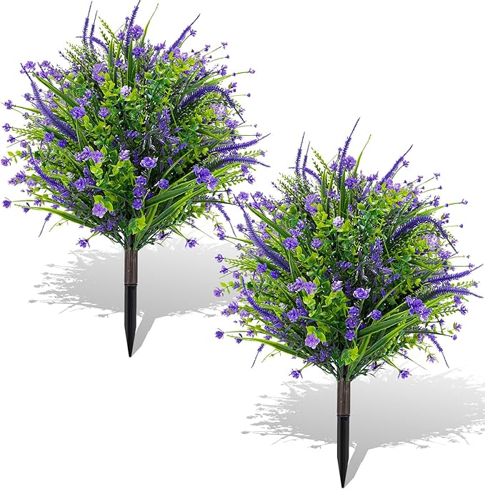 Artificial Boxwood Topiary Ball Trees with Ground Spikes UV Resistant Faux Greenery Shrubs Fake Shrubs for Outdoors, Realistic Faux Plants Bushes for Garden Porch Yard Patio Decor (Purple Flower)