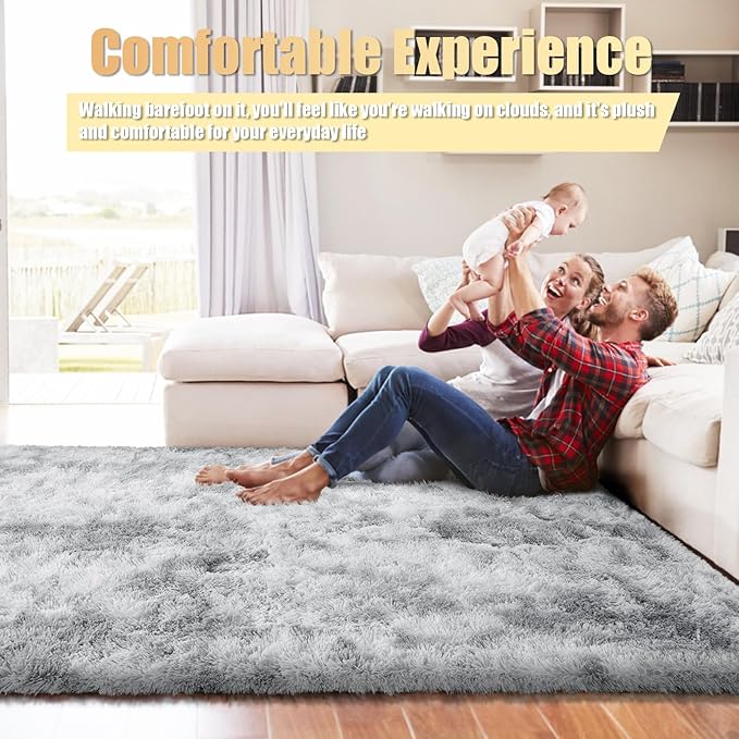 Ultra Soft Fluffy Area Rugs for Bedroom Living Room 10x14, Nursery Rug, Non-Slip Carpet for Kids Dorms Decor, Shaggy Bedside Rug, Tie-Dyed Light Grey
