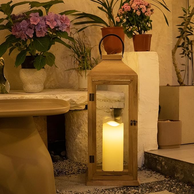 Large New Zealand Pine Lantern With Flameless Pillar Candles - IP65 Waterproof Decorative for Home Decor, Indoor Outdoor, Front Porch, Garden, Farmhouse Style