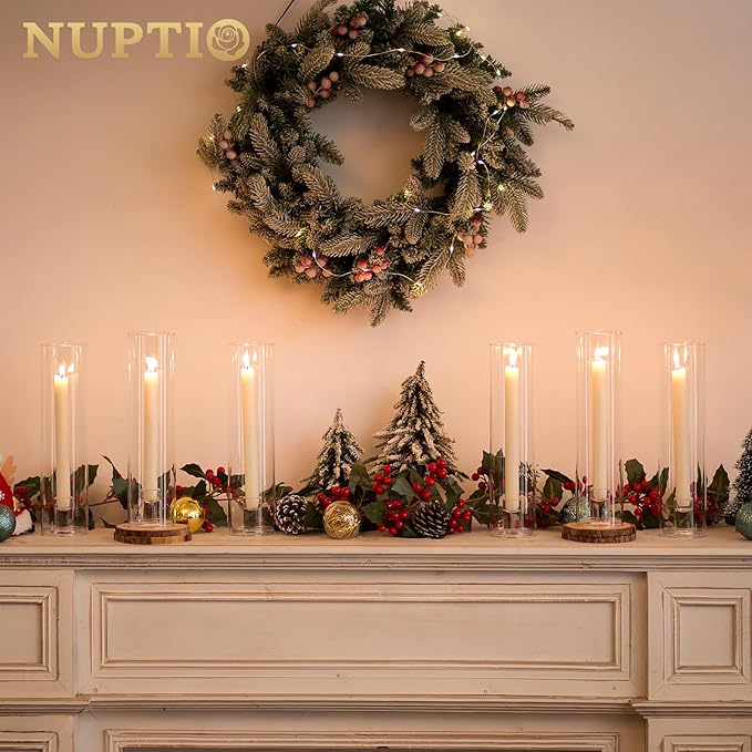 NUPTIO Candle Stick Candle Holder: Clear Glass Hurricane Candlestick Holders - Set of 6 Modern Taper Candle Stand with 11.8 inch Long Chimney Cover for Thanksgiving Christmas Fireplace Table Decor
