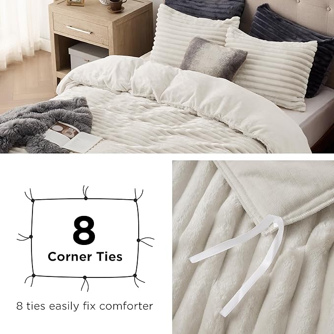 Bedsure Fluffy Duvet Cover Set - Ultra Soft Plush Shaggy Comforter Cover King Size, Warm Flannel Fleece Bed Sets for Winter, 3 Pieces (Striped Pattern, Linen)