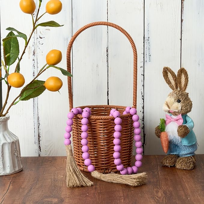 OMISHE 59in Wood Bead Garland with Tassels, Decorative Beads Decor, Farmhouse Wooden Beads Garland for Wall Hanging Home Festival Decor, Purple