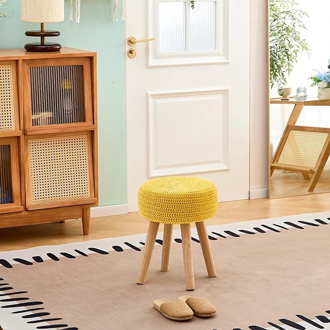 Wimarsbon Pouf Ottoman, 100% Cotton Knitted Boho Footstool, Round Footrest with Non-Skid Wood Legs, Home Décor Handmade Pouffe, Leisure Floor Step Stool for Living Room (Long Leg - Yellow)