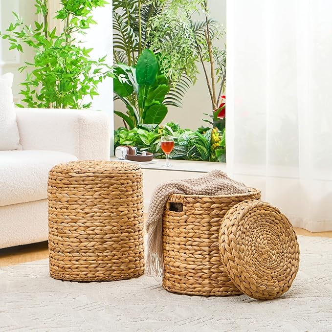 Wimarsbon Round Pouf Ottomans, Handwoven Natural Water Hyacinth Seagrass Pouffe,Outdoor Rattan Stool Accent Seat, Bohemian Coastal Home Decor (14inch Water Hyacinth Braid)