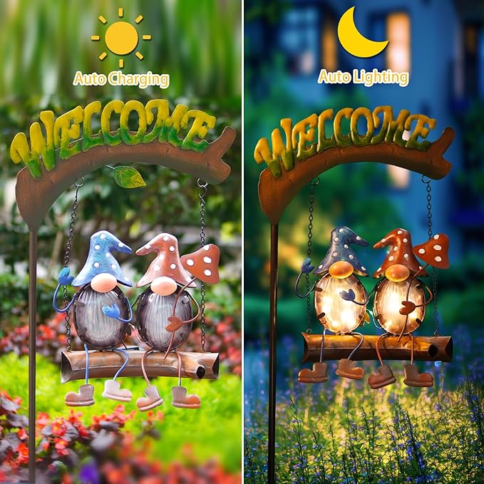 HONGLAND Gnome Garden Decor with Solar Lights, Funny Gnomes Swing Outdoor Decor, Gardening Gifts for Women Mom, Gnomes Yard Decorations with Welcome Sign for Lawn Porch Backyard Patio