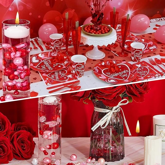 100PCS Red Pink Faux Pearls Beads for Centerpiece Vases, Vase Filler Faux Pearls, No Holes Filler Beads for Party Anniversary Valentine's Day Table Decor, 14/20/30mm