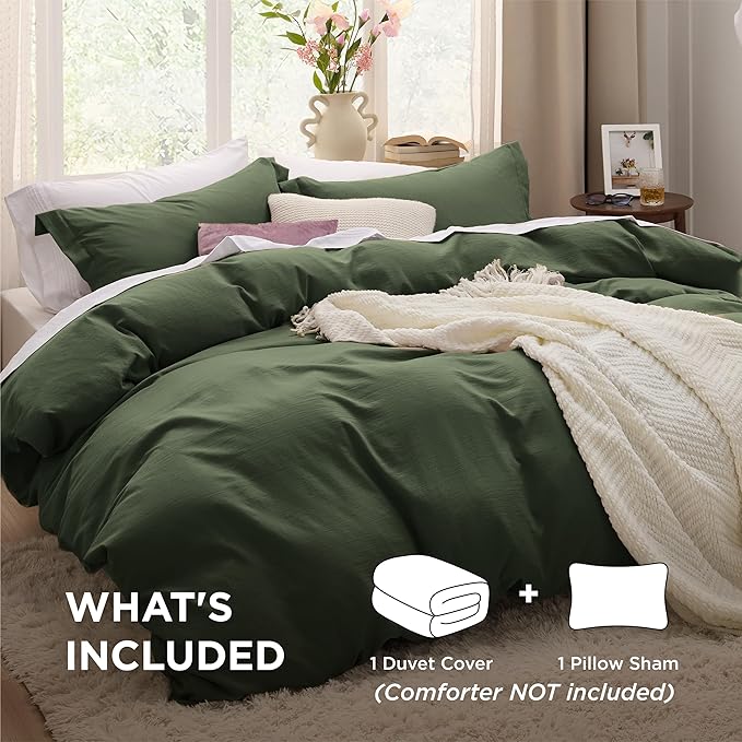 Bedsure Olive Green Duvet Cover Twin/Twin XL Size - 2 Pieces Prewashed Cotton-Like Extra Soft Bedding Set, Includes 1 Twin Duvet Cover 68x90 Inches with Zipper Closure & 1 Pillow Sham, No Comforter